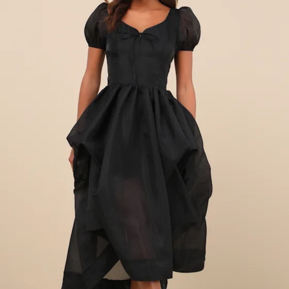 Lulus Delightfully Chic Black Organza Puff Sleeve Midi Dress